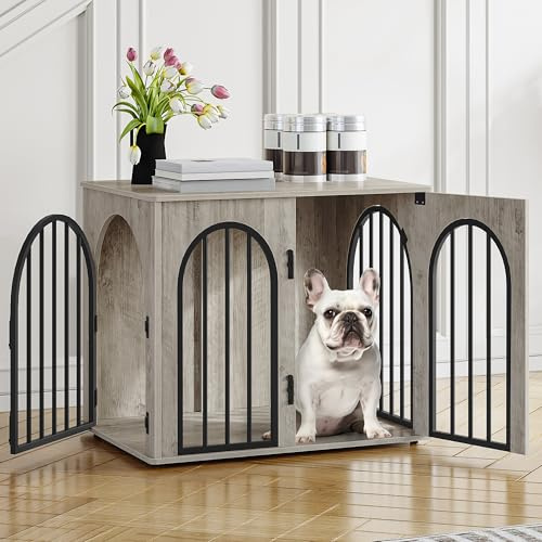 Hzuaneri 68cm Cage pour Chiens, Table d'Appoint, Niche Moderne pour Chiens Intérieur, Cage pour Chiots, Maisonnette pour Animaux, 3 Portes, Porte arquée, 68 x 49 x 56 cm, Ivoire Clair