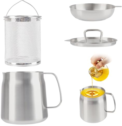 Yallmie 2L Olla de Filtro de Aceite de Acero Inoxidable 304 con Malla Fina y Tapa, Recipiente Versátil de Gran Capacidad para Freir y Grasa