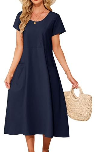 Niwicee Vestiti Estivi Donna Elegant Abito Medio Lunghi Scollo a Rotondo a Maniche Corte Casual Abiti Cotone Tinta Unita Vestito da Mare Lunghezza Oltre Il Ginocchio con Tasche (Blu Scuro, L)