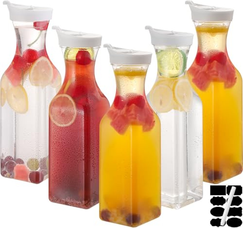 CJWLKJ Lot de 5 carafes à eau en plastique de 1 l avec couvercle à rabat, base carrée, pour boissons, eau, thé, jus, lait, limonade et autres boissons