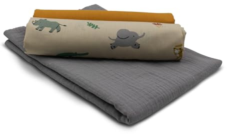 VmG-Store Musselin + Baumwollstoff Set farblich abgestimmt Double Gauze Stoff 100% Baumwollstoff Tex Standard 100 (Set28 Süße Tiere)