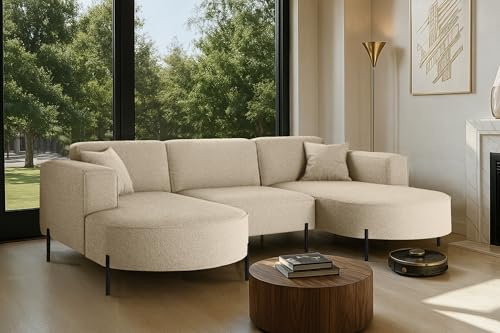 Kaiser Möbel - Ecksofa mit Wohnlandschaft, Eckcouch U Form, Polstersofa, Bequemes Couch mit Ottomanen für Wohnzimmer, Relaxsofa, Bigsofa, Metallfüße, Lounge-Set U-Form, Modena U Rein, Beige