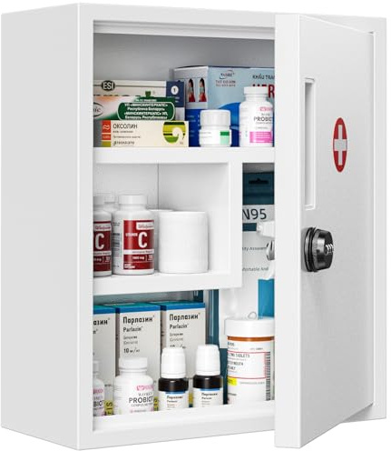 POKIPO Wall Mount Locking Medicine Cabinet, Empty Metal Medicine Storage Box with All-Metal Digit Lock, Bathroom Cabinet Organizer Over the Toilet, Keyless First Aid Box for Home School Business
