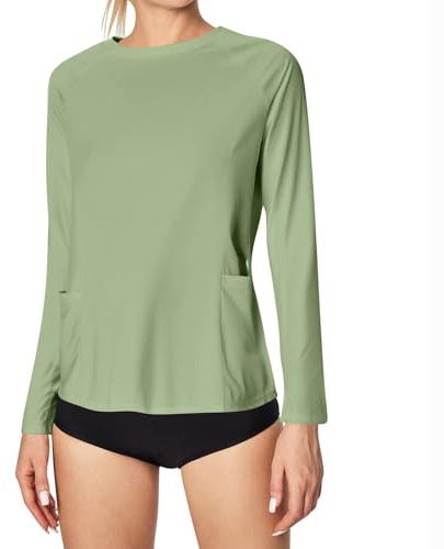 Dmmtot Camisetas de protección contra erupciones para mujer, para exteriores, UPF 50+, protección UV, manga larga, con bolsillos, ajuste seco, para senderismo, playa, natación, correr, talla S-XXL