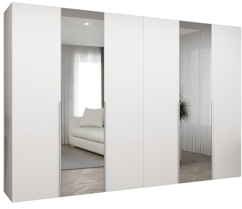 MEBLE KRYSPOL - Kleiderschrank mit Spiegel - Drehtürenschrank - Schrank 300 x 202 x 52 cm - Garderobenschrank Schlafzimmer, Flur, Jugendzimmer - Weiß, Griff Kaschmir - Alicante 2