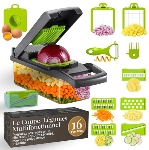 Coupe Legumes Multifonctions, 16 en 1 Mandoline Cuisine, Coupe Legume Manuel, Mandoline Multifonctions, Decoupe Legumes avec 7 Lames Réglable, Coupe Oignon pour Oignons, Tomates, Carotte, Concombre