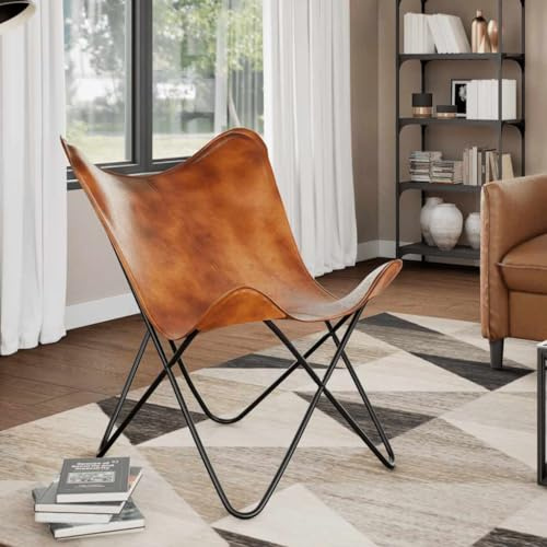 YITHOPI Butterfly-Sessel Braun Echtleder Wartezimmersessel Wohnzimmerstuhl für Hotel Küche