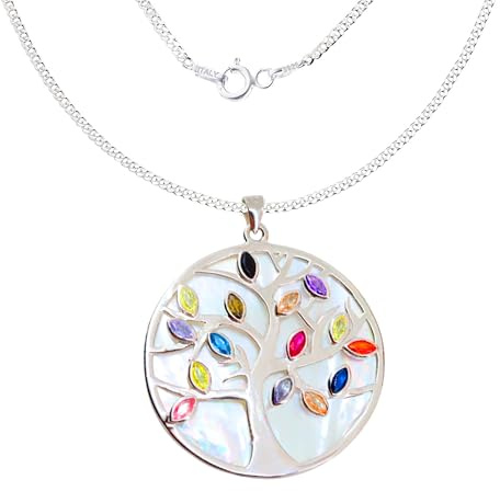 Collar de Plata de ley 925 con Colgante Árbol de la Vida con Piedras Preciosas de Colores, Fondo de Nácar. cadena de 45 cm (Arbol de Vida Grande)
