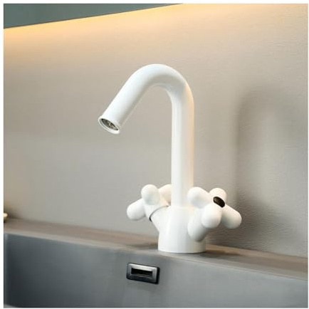White,Bathroom Sink Faucet, Brass Basin Taps with 2-Modes, Flower Shaped Handle Bathroom Mixer Faucet with Flip Bubbler for Vanity Lavatory