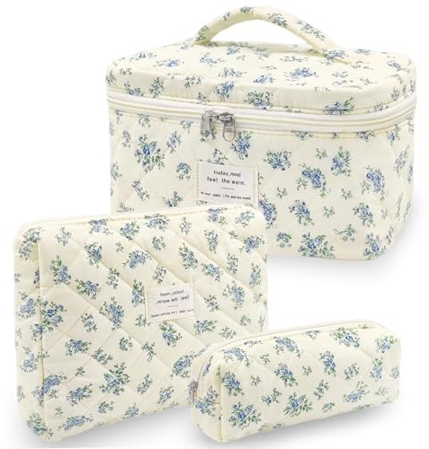 SHYSBV Kosmetiktasche Set Damen - Blumen Design Gesteppte Kulturtasche Groß Beauty Case Baumwolle (Large+Medium+Pouch) Reisezubehör