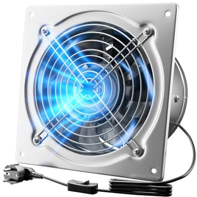 Hon&Guan 10 inch Exhaust Fan Kitchen 1680m³/h with Metal Backdraft Damper | 2.5m UK Power Cord, 250mm Vent & Extraction. for Basement, Attic, Garage, Workshop, Soldering, Print, Spray, Coop, Farm