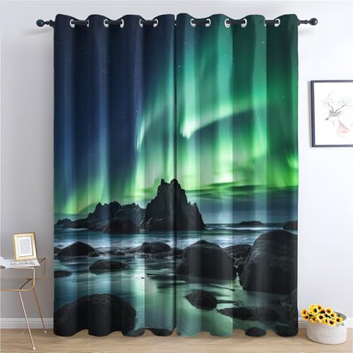 QEODAH Polarlichter Vorhänge Nordlichter Natur Landschaft Vorhang Blickdicht mit Ösen, Verdunkelungsvorhang Gardinen für Schlafzimmer Wohnzimmer Fenster Deko, Blackout Curtain 2er Set H 245 x B 140 cm