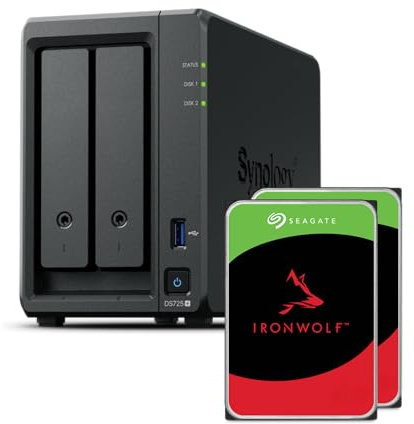 Synology DS725+ Bundle 12To (Seagate Ironwolf 2X 6To) Série 2 Bay Plus avec Ryzen R1600, 4 Go de RAM (32 Go max), 1 x 2,5 GbE, 1 x 1GbE, 2 x emplacements M.2 NVMe. Extension DX525 disponible via