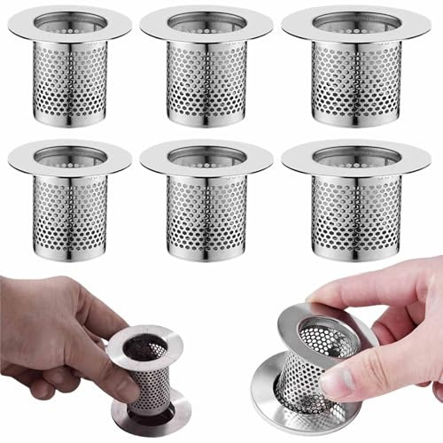 6 PCS Hair Catcher Shower Drain Cover Sink Strainer Stainless Steel Bathroom Drain Strainers Long Cylinder Tub Mesh Strainer Slop Sink Broken Hair Collector for Bathtub Kitchen Utility Room Laundry
