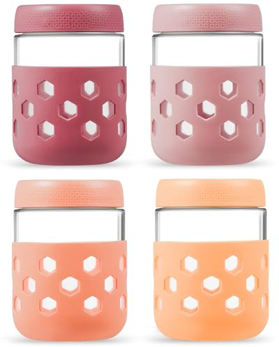MICEBAY 4-Pack Glass Overnight Oats Jar with Silicone Sleeves, 500ml Overnight Oats Containers with Lids, Salad Breakfast Pots Mason Jars for Chia Pudding Granola Yoghurt Porridge Cereals