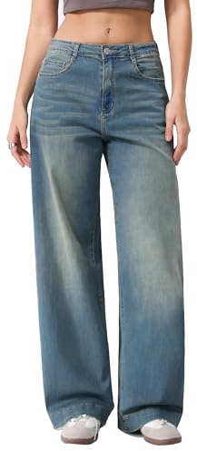 vittorio y Jeans Donna Vita Alta Gamba Larga Denim Elasticizzato Lavaggio Chiaro Casual Streetwear Comodi (IT, Testo, M, Regular, Regular, Denim)