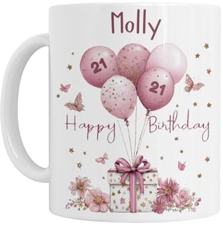 21st Birthday Gift for Her - Personalised 21st Birthday Mug, Pink Present, Balloons and Flowers Design, Age 21, White Ceramic, Dishwasher Safe