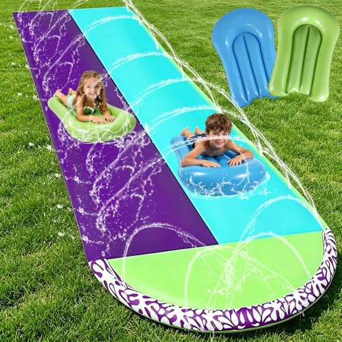 610cm Wasserrutsche Garten für Kinder, Wasserrutschmatte mit 2 Bodyboards, Doppelrutsche mit Eingebautem Sprinkler, für Kinder und Erwachsene, Sommer-Wasserspielzeug für den Garten, Blau, Grün