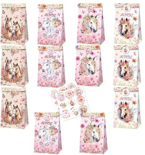 12 Pcs Pferde Party Gunst Taschen mit Aufklebern, Pferde Geburtstagstüten Geburtstags, Süßigkeiten Tüten, Pferd Geschenk Tüten für Party Supplies