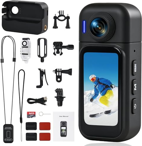 Hiwoor Action Cam Mit Touchscreen, 8-Stunden-Akku, Mini POV Bodycam, Wasserdicht 30M, 120° Weitwinkel, WLAN + 64 GB Karte & 10+ Zubehör für Radfahren, Reisen, Haustiere und Sport