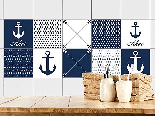 GRAZDesign Fliesenaufkleber Bad Anker maritim Blau Rot Weiß, Fliesensticker Fliesen zum Aufkleben Klebefliesen für Badfliesen - Set 40 Stück