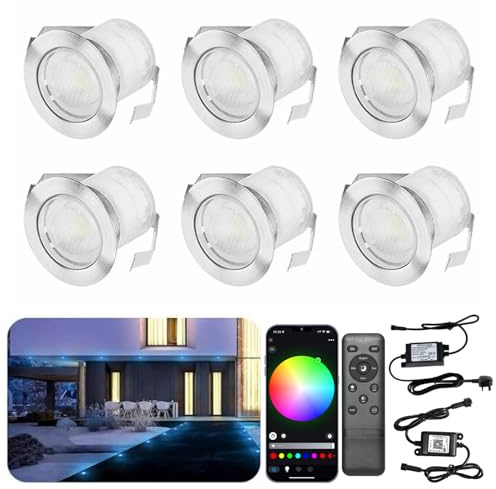 6 Pack RGB WiFi LED Decking Lights, IP67 Waterproof Ø30mm Plinth Lights