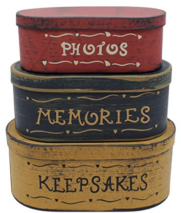 CVHOMEDECO. Primitives Antique Oval Photos, Memories, Keepsakes Cardboard Nesting Boxes, Large 9-3/4 x 5-1/2 x 4 Inch, Set of 3.