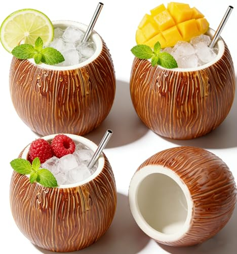 LINALL Lot de 4 tasses Tiki en céramique de 500 ml – Verres à cocktail hawaïens en noix de coco pour Mai Tai et Pina Colada, gobelets Tiki durables, parfaits pour une fête et un cadeau de bar