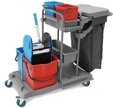Hypafol Profi Putzwagen mit 100l Leinensack I Praktischer Reinigungswagen mit 2 x 18l & 2 x 5l Eimern I Stabile Mopp-Presse & Halterung für Besen & Lappen I Kunststoff-Eimer mit ergonomischen Henkel