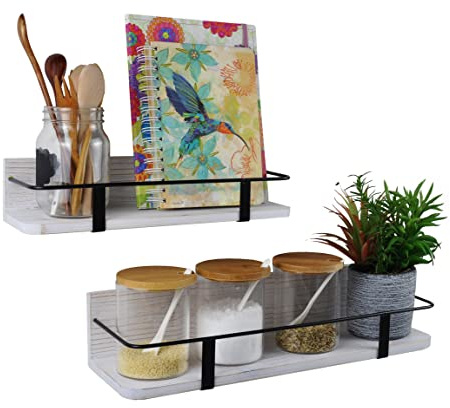 Eitida - Estantes de almacenamiento decorativos, 2 estantes flotantes de pared de madera rústica para dormitorio, baño, sala de estar y cocina, expositor de madera (grande y pequeño) blanco