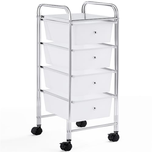 Yaheetech Küchewagen Rollwagen inkl. 4 Schubladen Allzweckwagen Küchen Organizer Servierwagen Trolley für Küche Bad Büro Schlafzimmer mit Rollen und Griffe Weiß