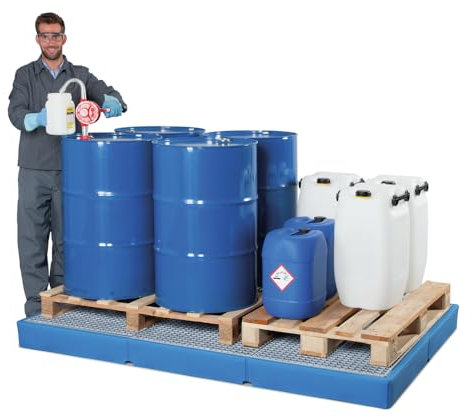 Denios Auffangwanne aus Polyethylen | verzinkter Gitterrost | blau-silber | BxHxT 2200 x 150 x 1500 mm | Volumen 355 Liter | 6 Fässer | Arbeitssicherheit Notfall-Umweltschutz-Produkte