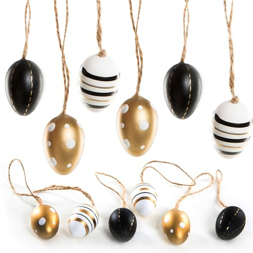 Ostereier-Anhänger, 12er Set: Kleine Osteranhänger aus Plastik, Osterdeko zum Aufhängen, Deko Ostern, Für Osterstrauch, Frühlingsdeko, Schwarz, Weiß & Gold, Modern, Indoor Osterschmuck hängend, 4 cm