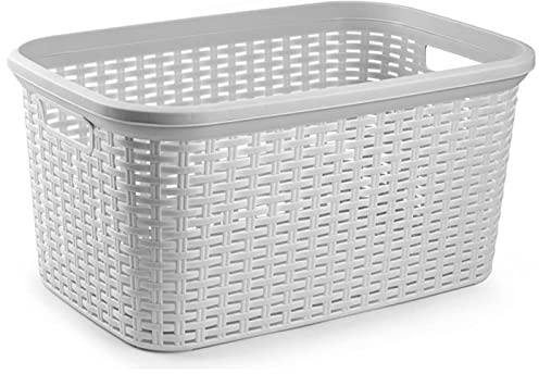 Tradineur - Cesta Colada Rectangular de plástico - Fabricado en España - Capacidad de 35 litros - Estilo Mimbre - 53,5 x 36 x 26,5 cm - Color Gris Claro