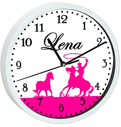 CreaDesign, Wanduhr Kinder personalisiert mit Name, Motiv Cowboy pink, Rahmen Wanduhr weiß, Ø 19,5 cm