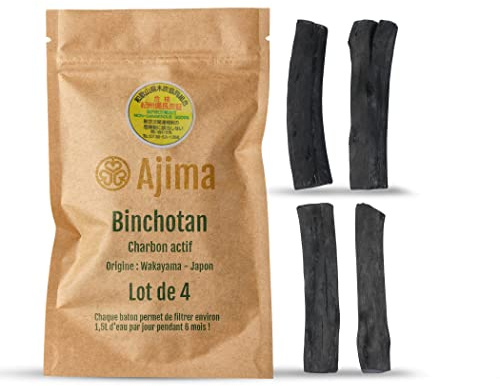 Ajima Binchotan Charbon Actif Eau - Baton de Charbon Bio Purificateur d'Eau Naturel x4 - Chaque Baton Filtre Environ 1.5 L - Charbon de Chêne de Wakayama Vrai - Idéal pour Filtrer l'Eau en Carafe