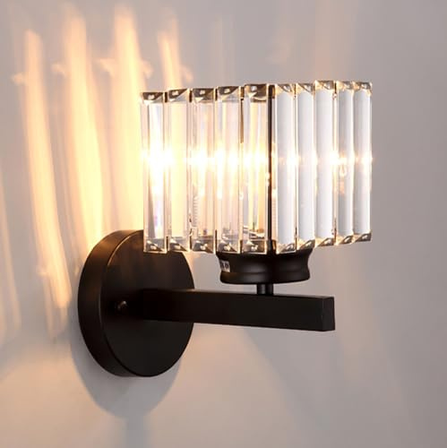 Sxtiger Retro Kristall Wandleuchte Innen, E27 Moderne Schlafzimmer Wandlampe LED Kristall Wand Lampen, Schwarz Kristallwandleuchte für Wohnzimmer Korridor Esszimmer Flur