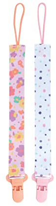 Nuby Pacifinder Baby Pacifier Clip - (2-Pack) - Pacifier Holder Clip with Convenient Hook Loop - Flowers and Polka Dots