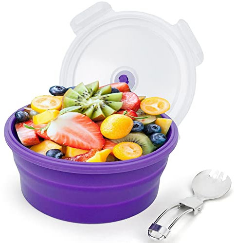 Lunbengo 1200ml Large Silicone Food Container with Lid, Collapsible Camping Bowl for Meal Prep, Picnic, Food Preservation, Silicone Bowl with Foldable 2 in1 Fork and Spoon, Purple