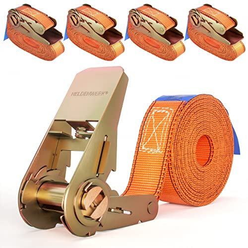 Heldenwerk Confezione da 4 cinghie di tensionamento con cricchetto in cinghie a cricchetto 4M 5M o 6M certificate Tüv/GS con doppia cucitura | cinghie di ancoraggio resistenti alle intemperie e