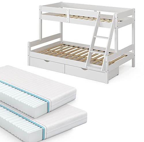 VitaliSpa Etagenbett Everest, Weiß, 120x200 / 80x200 cm mit 2 Matratzen und 2 Schubkästen, mit integrierter Treppe und stabilem Lattenrostsystem