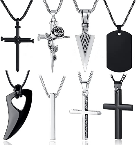 MAIBAOTA 8 Pcs Necklace for Men, Mens Necklaces Jewelry Set, Black and Silver Stainless Steel Necklace, Cross Pendant Necklace, 16-24 inches Chain, Birthday Gifts for Dad
