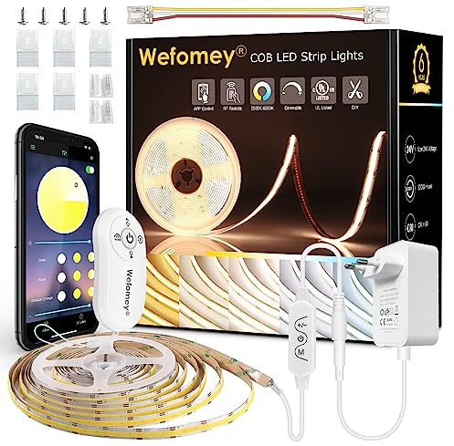 Wefomey COB LED Streifen Warmweiß Kaltes Weiß, 5M Dimmbares flexibles COB LED Strip Kit mit Smart App Control Fernbedienung, CRI90+3200 LEDs 2700K-6500K für Innen Aussenbereich Heim Küche DIY Deko