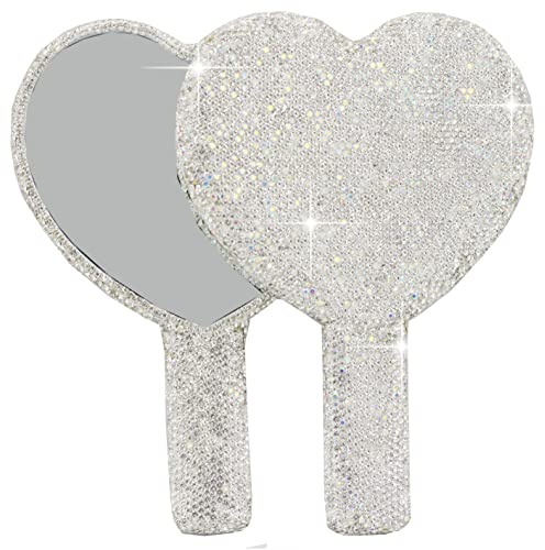 Bestbling Bling Strass Herz Handspiegel - Tragbarer & Schillernder Make-up-Spiegel für unterwegs Ausbesserungen (Kunststoff Weiß)