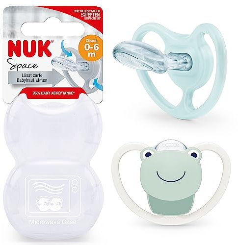 NUK Space Babyschnuller | 0−6 Monate | Schnuller mit zusätzlichen Öffnungen für sensible Haut | BPA-freies Silikon | Frosch | 2 Stück