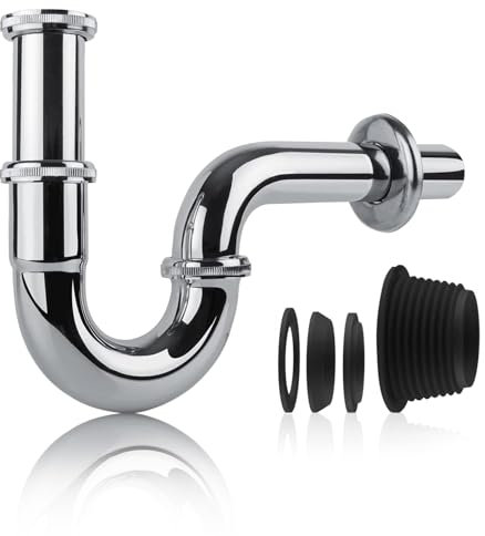 Sifone Lavabo Bagno - Lavello universale a Scarico Lavandino Bagno da 1 1/4 x 32 mm, Tubo di scarico in acciaio inox per Sifone Lavandino Bagno e Cucina (Argento - Lunghezza Standard)