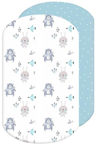 Lovely Hippo 2X Baby Spannbettlaken – 100% Baumwolle, Weich & Atmungsaktiv – Set 2X - Kompatibel mit Iora (Blaue Tiere, 60 x 80 cm)