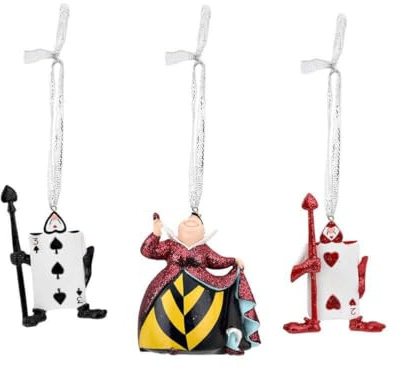 Widdop Disney Alice nel Paese delle Meraviglie Regina di Cuori e Carte con Glitter Decorazioni per Albero di Natale Pendenti (Set di 3) in confezione regalo