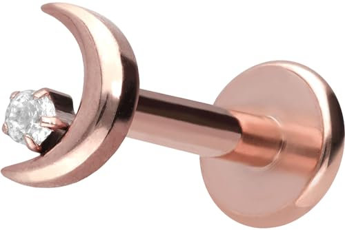 PIERCINGLINE Titan Labret mit Gewinde + Titan Aufsatz MOND + KRISTALL Piercing Ohr Helix Tragus Nase 1,2 x 8 mm rosegoldfarben