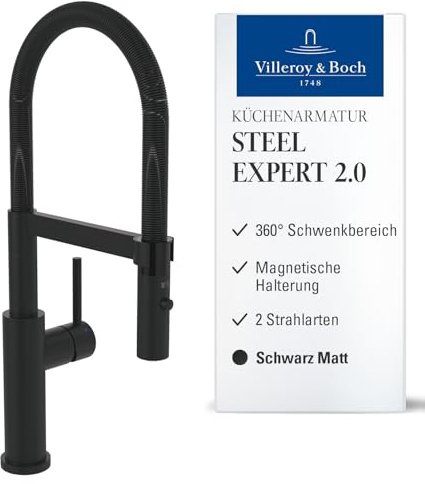 Villeroy & Boch Steel Expert 2.0, grifo de cocina de alta presión con conmutación y caño giratorio con muelle espiral de 360°, flujo laminar, altura del caño 170 mm, resistente a huellas, negro mate